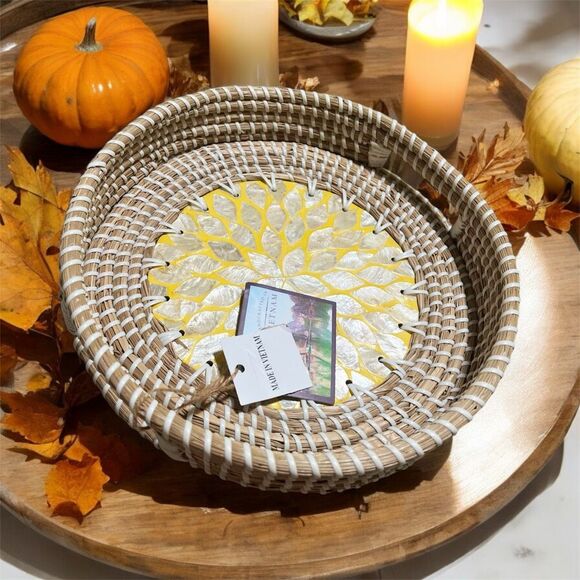 Anthropologie Halinh Rattan & Bamboo Seagrass Round Tray Nacre Base Handmade NWT - Picture 3 of 8